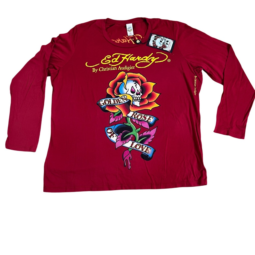 NWT Vintage Ed Hardy T-Shirt Women 3X Red Golden Rose of Love Skull Long Sleeve